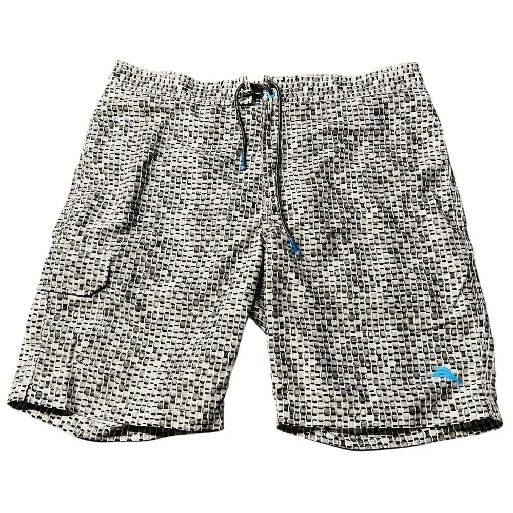 Tommy Bahama Black, Gray and White Board Shorts with Modern Pattern Size Large